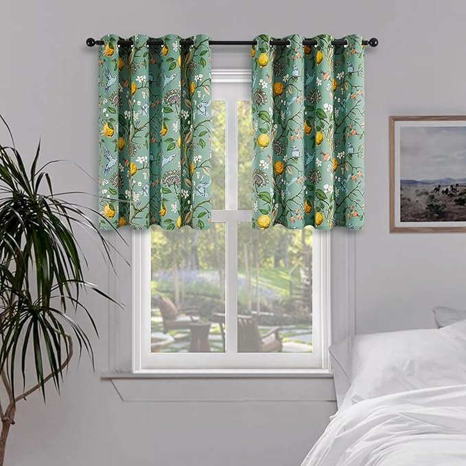 Topfinel Sage Green Small Kitchen Curtains 36 Inch Watercolor Botanical Floral Hummingbird Grommet Thermal Insulating Tier Curtains, for Camper Window Cafe Basement Bathroom Dinning Room,2 Pieces