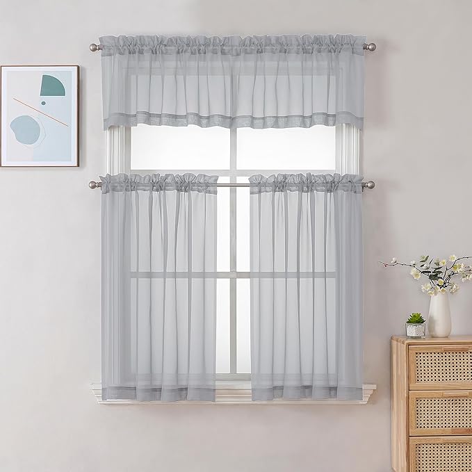 Chyhomenyc Light Grey Sheer Curtains 30 inch Length 2 Panels, Light Filtering Voile Rod Pocket Short Window Curtians for Bathroom Living Room Farmhouse Small Windows, 42Wx30L inches