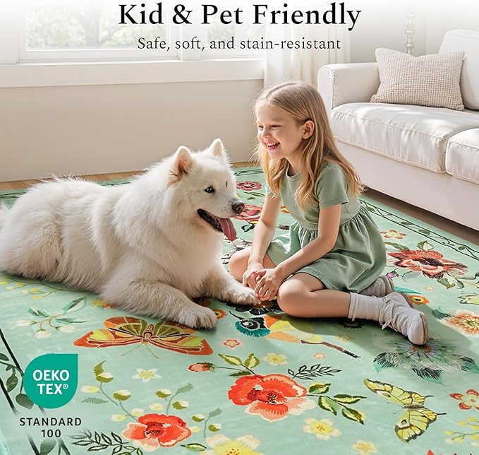 Rugflix 5x7 Washable Area Rug for Living Room, Soft Non Slip Low Pile Carpet, Floral Vintage Stain Resistant Rugs for Bedroom, Dining Room, Home Office, Green