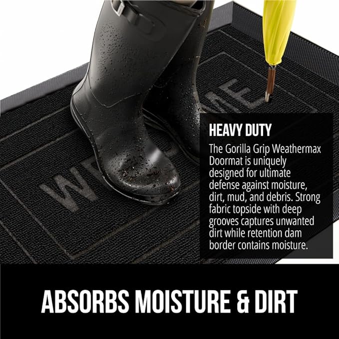 GORILLA GRIP 100% Waterproof All-Season WeatherMAX Doormat, US Designed Natural Rubber, Stain and Fade Resistant, Low Profile Indoor Outdoor Door Mats, Easy Clean Patio Mat, 29x17, Black Welcome