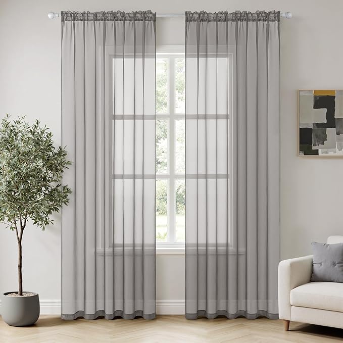 MIULEE 2 Panels Solid Color Sheer Window Curtains Elegant Window Voile Panels/Drapes/Treatment for Bedroom Living Room (54X63 Inches Grey)