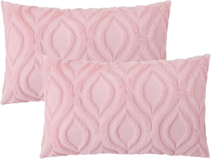 decorUhome Summer Throw Pillow Covers 12x20 Inch Set of 2, Soft Plush Faux Wool Light Pink Solid Couch Pillow Covers, Accent Farmhouse Neutral Rectangle Pillow Cases for Sofa Bed Living Room