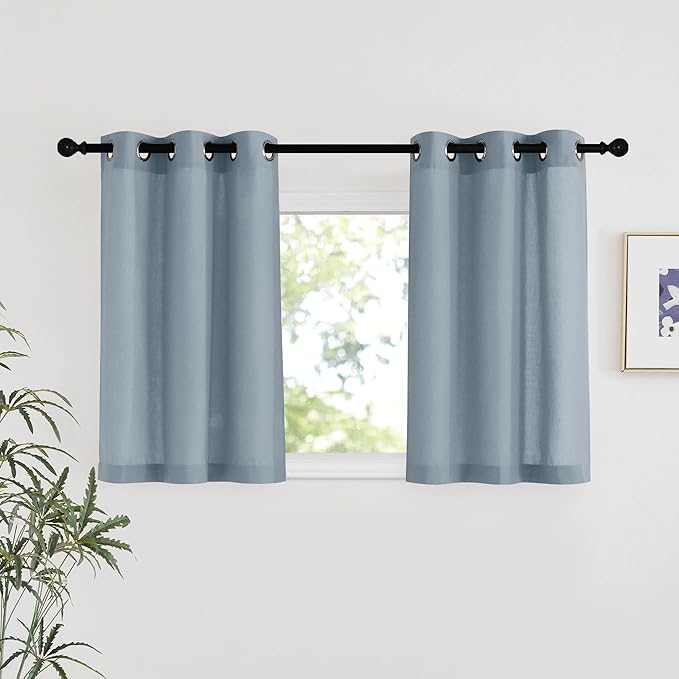 NICETOWN Stone Blue Linen Kitchen Window Curtains Over Sink, Grommet Thick Linen Stone Blue Short Window Treatments Privacy Assured with Light Filtering for Bedroom/Bathroom, W34 x L36, 2 Panels