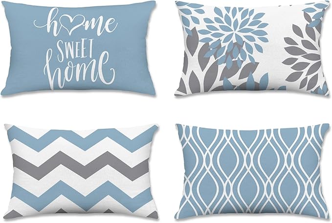 Hexagram Geometric Aqua Blue Pillow Covers 12x20 Set of 4, Decorative Outdoor Boho Modern Throw Pillow Covers, Home Sweet Home Farmhouse Cushion Case for Couch Sofa Bedroom Indoor Decor(No Insert)