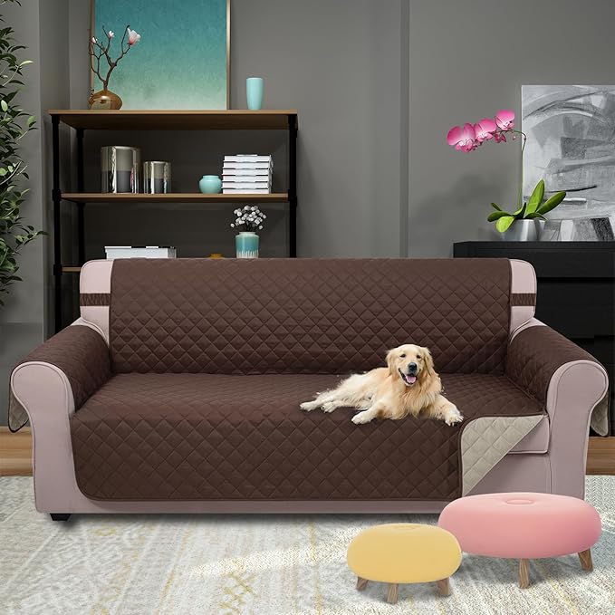 U-NICE HOME Large Sofa Cover Reversible Couch Cover for Dogs Friendly with Elastic Straps Water Resistant Furniture Protector for 4 Cushion Couch (Oversized Sofa, Coffee/Beige)