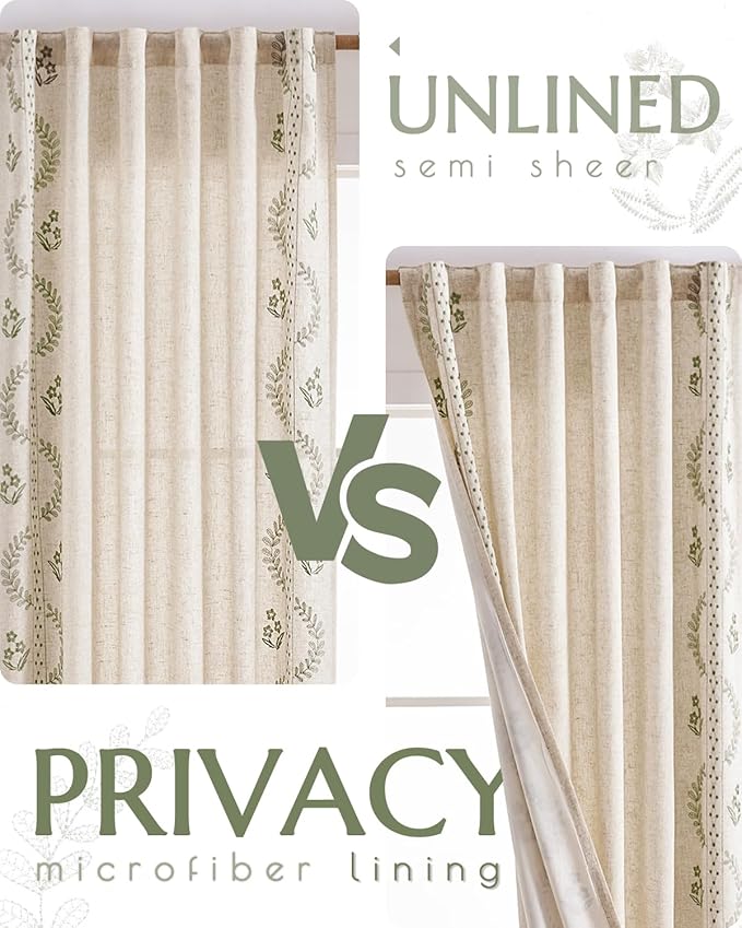 jinchan Belrose Lined Linen Blend Curtains Floral Curtains for Bedroom 84 Inch Length Sage Green Embroidered Drapes Rod Pocket Farmhouse Flower Drapes for Living Room Window Treatments Set 2 Panels
