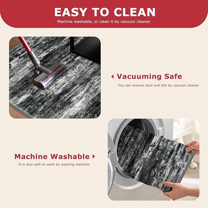 KOZYFLY Modern Abstract Washable Rug Runner 2.6x16 Hallway Rug Runner Non-Slip Soft Kitchen Runner Rugs, Black Grey Striped Carpet for Stair Entryway Bathroom Laundry Room Foyer