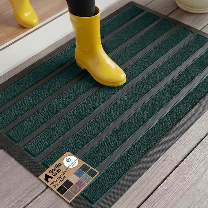 GORILLA GRIP 100% Waterproof All-Season WeatherMAX Doormat US Designed Natural Rubber, Stain and Fade Resistant, Low Profile Indoor Outdoor Door Mats, Easy Clean Patio Mat, 23x35, Green Stripe