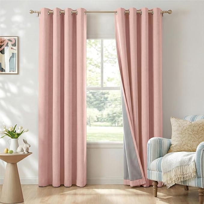 100% Blackout Shield Linen Blackout Curtains for Bedroom, Blush Pink Grommet Curtains for Living Room, Thermal Insulated Room Darkening Drapes for Nursery, Boho Home Decor, 50" W x 108" L, 2 Panels