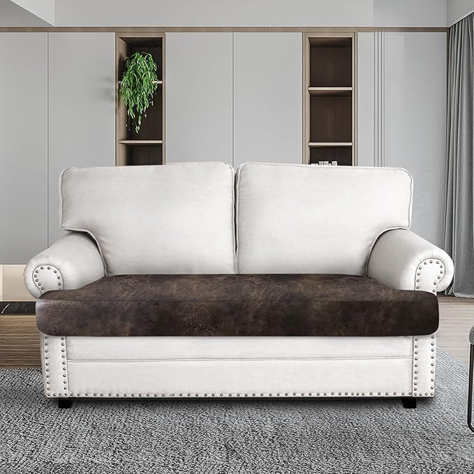 Leather Look Couch Cushion Covers Sofa Seat Slipcovers Sets Couches Furniture Protector for Sectional Armchair Loveseat Pets Kids Stretch Spandex Fabric (1 T-Cushion loveseat, Brown)