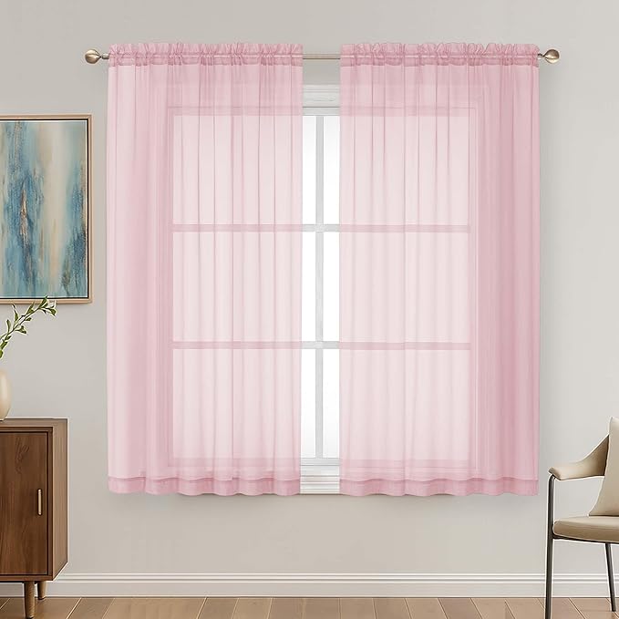 OVZME Blush Pink Sheer Curtains 63 Inches Long 2 Panels Set, Light Filtering Sheer Curtains for Living Room Bedroom 59 Inch Extra Wide, Modern Voile Filmy Rod Pocket Window Drapes, 59Wx63L Inches