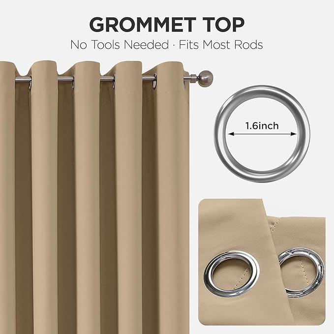 Joydeco Blackout Patio Sliding Door Curtains 90 Inches Long, Grommet Privacy Room Divider Curtains, Extra Wide Thermal Blackout Drapes for Bedroom Living Room (Light Beige, 70Wx90L, 1 Panel)
