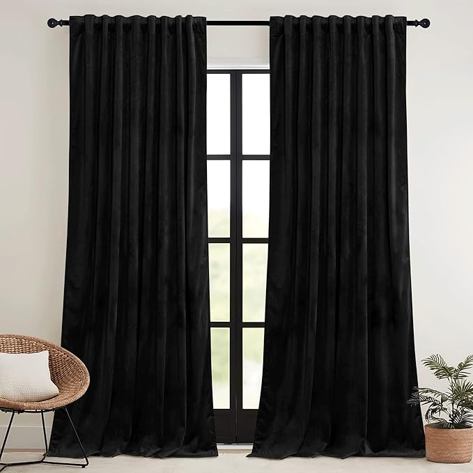RYB HOME Black Velvet Curtains 84 inch, Blackout Window Curtains with Pleat Tape on Top for Bedroom Thermal Insulated Privacy Room Darkening Drapes for Living Room, W52 x L84 inch, 2 Panels