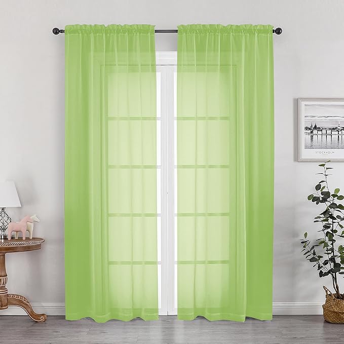 OWENIE Lime Sheer Curtains for Bedroom Living Room 72 Inches Long 2 Panels Set, Modern Light Filtering Sheer Curtain Rod Pocket Clear Drapes for Window Sliding Door, Lime, Each 42 x 72 Inch