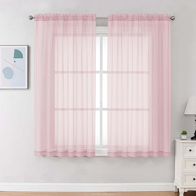 Chyhomenyc Blush Pink Sheer Curtains 63 Inches Long 2 Panels, Light Filtering Bright Lightweight Curtains for Living Room, Soft Gentle Voile Rod Pocket Bedroom Window Drapes, 59Wx63L Inch, 2PCS