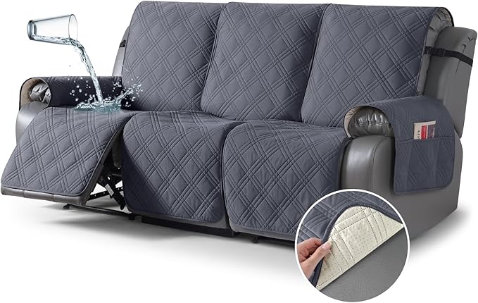 TAOCOCO Waterproof Recliner Sofa Cover Couch Cover for Reclining Couch 3 Seat Non-Slip Split Sofa Slipcover 3-Pieces with Straps, Washable Reclining Sofa Cover for Kids Pets(3 Seater, Dark Grey)