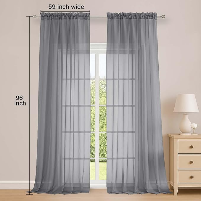 OWENIE Extra Long Grey Sheer Curtains 96 Inches Long 2 Panels Set, Soft Lightweight Airy Voile Sheer Curtain for Bedroom Living Room, Rod Pocket Solid Color Farmhouse Curtains, 59" Wx96 L Inch