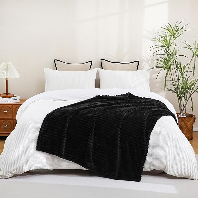Black Fleece Throw Blanket 90”×90” for Couch Sofa Bed,Super Soft Cozy Plush Microfiber Flannel Blanket with Stripes Design Lightweight for Adults,Woman,Girls