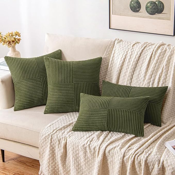MIULEE Olive Green Decorative Throw Pillow Covers 20x20 Inch for Couch Bed Sofa Spring Decor Pack of 2 Boho Farmhouse Throw Pillows Soft Cross Corduroy Patchwork Textured Cushion Cases