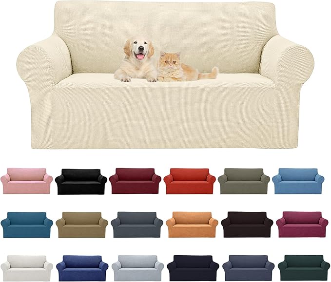 2025 New Stretch Loveseat Sofa Slipcovers Couch Cover for 2 Cushion Furniture Protector Sofa Covers with Elastic Bottom Small Checks for Pets, Kids - Beige