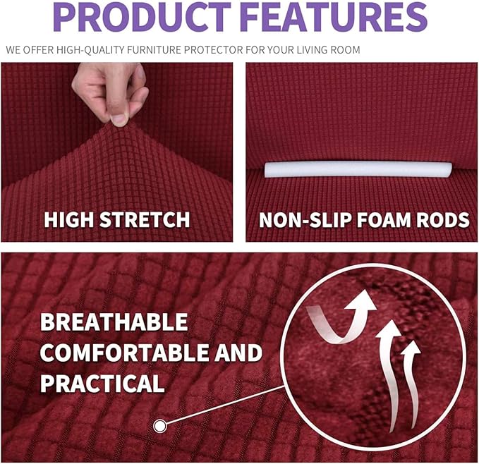 ZNSAYOTX Super Stretch Couch Cover Love Seat Sofa Covers for Living Room Dogs Pet Friendly Furniture Protector Spandex Loveseat Slipcovers with Anti Slip Foam Sticks (Wine Red, Loveseat)