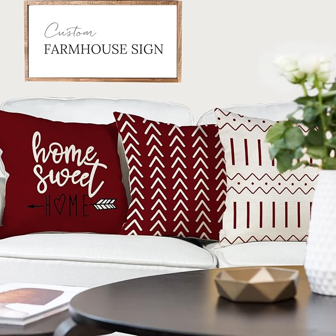 YCOLL Christmas Pillow Covers 18x18 Set of 4, Modern Sofa Throw Pillow Cover for Christmas Decor, Decorative Outdoor Linen Fabric Pillow Case for Couch Bed Car, Wine Red