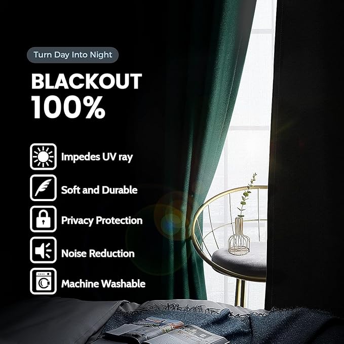 SimpleHome 100% Blackout Curtains for Bedroom,Thermal Insulated Dark Green Grommet Window Drapes Room Darkening Curtains for Living Room with Black Back,42 x 72 Inch,2 Panels