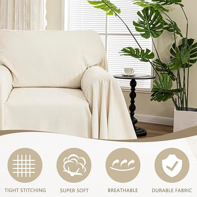 MYSKY HOME Oversized Chair Cover, Armchair Couch Cover for 1 Cushion, Washable Recliner Covers Sofa Protector with Tassel, Beige, 71"X91"