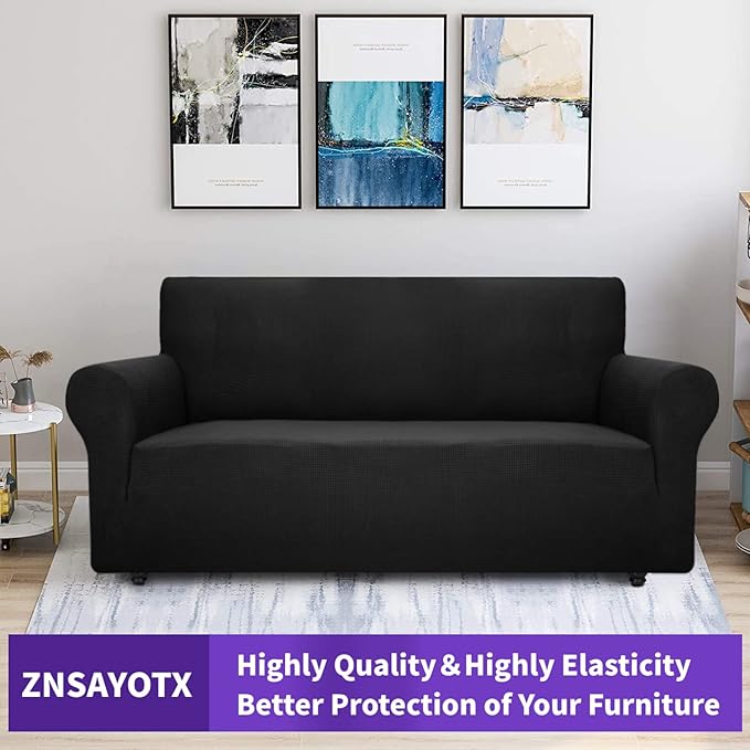 ZNSAYOTX Super Stretch Couch Cover (72"-92") Universal Sofa Covers with Elastic Bottom, Dog Cat Pets Friendly Washable Furniture Protector Fitted Sofa Slipcovers Stay in Place (Black, Sofa)