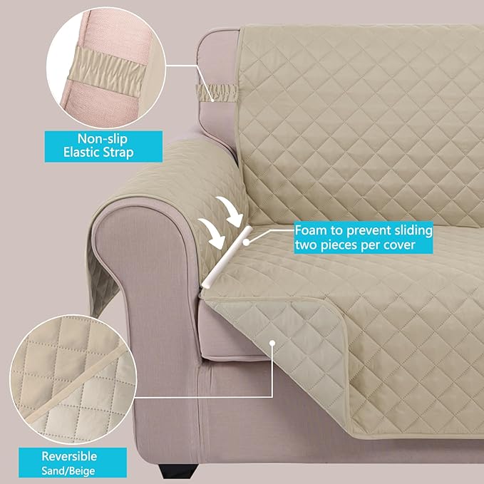 U-NICE HOME Large Sofa Cover Reversible Couch Cover for Dogs with Elastic Straps Water Resistant Furniture Protector for Pets Couch Cover for 4 Cushion Couch (Oversized Sofa, Sand/Beige)