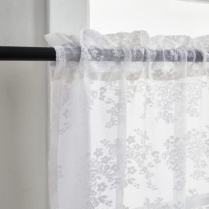 YJ YANJUN Vintage Lace Curtains 36 inch Length Country White Cafe Kitchen Sheer Short Curtain Panels for Bathroom - 2 Panels 26 x 36 Inch Light Filtering