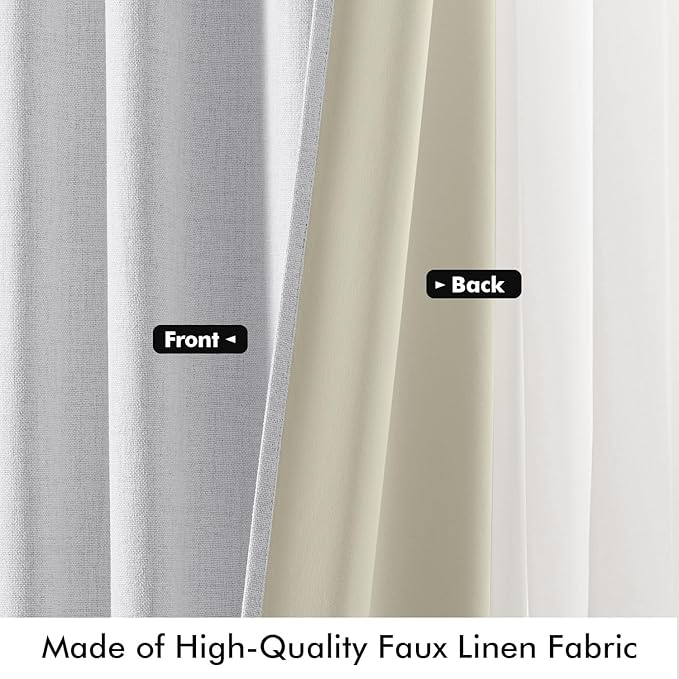 MIULEE 100% Blackout Linen Curtains for Bedroom, Grayish White Solid Luxury Decor Thermal Insulation Room Darkening Drapes for Living Room Nursery Back Tab Rod Pocket 42 x 108 Inches, 2 Panels