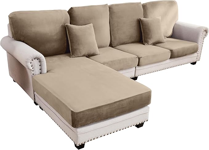 Couch Cover 4-Piece Elastic Velvet Couch Cushion Covers & Chaise Slipcovers for L-Shaped Sofas - Sofa Seat Covers Washable, Soft Cover for Couches (3 Seater + Chaise, Leather Brown)