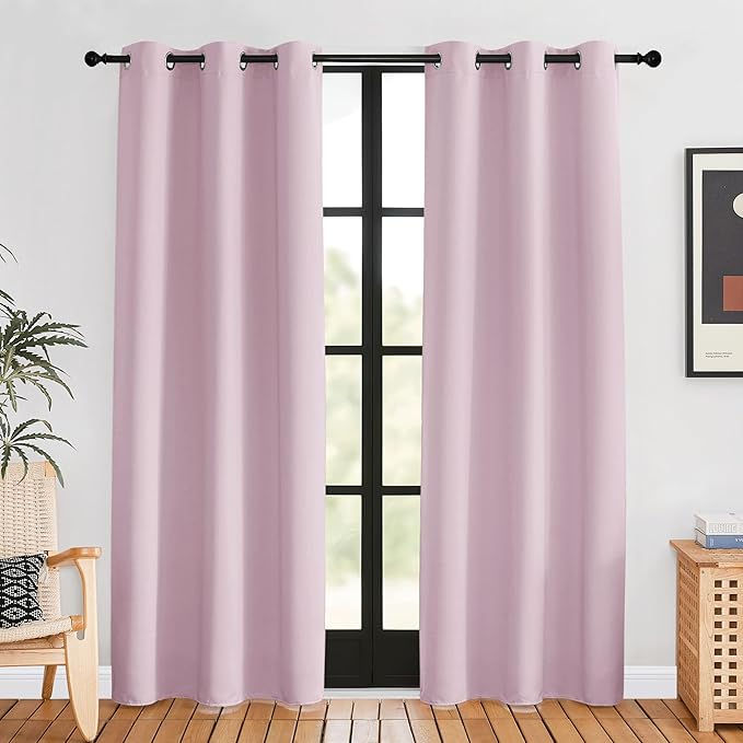 NICETOWN Blackout Window Curtains 80 inch Long, 2 Panels, 34 inch, Baby Pink, Grommet Top Room Darkening Thermal Insulated Solid Vertical Drapes for Bedroom/Kid Room