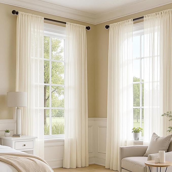 MIULEE Butter Cream Sheer Curtains 102 Inches Long, 4 Panels Set, Light Filtering Rod Pocket Voile Drapes for Living Room and Bedroom, Airy Soft Fabric Window Treatments, 42 x 102 Inches