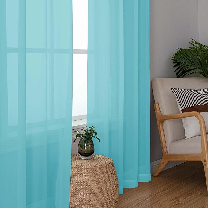 OWENIE Aqua Sheer Curtains for Bedroom Living Room 90 Inches Long, Elegant Solid Light Filtering Window Curtain Panles, Modern Rod Pocket Aqua Curtain, 2Pcs, Each 42" W x 90" L