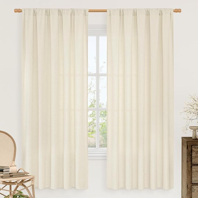 LAMIT Linen Curtains 72 inches Long for Living Room, Soft Thick Linen Privacy Light Filtering Rod Pocket Window Treatments Neutral Drapes for Bedroom, 2 Panels Set, 52 x 72 Inch, Light Beige