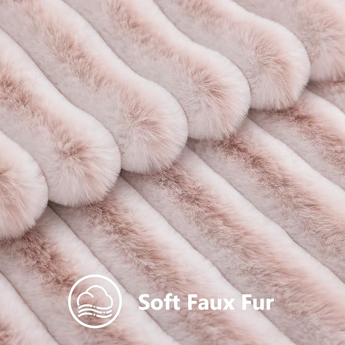 decorUhome Summer Cozy Faux Fur Throw Pillow Covers 22x22 Set of 2 Decorative Plush Striped Modern Farmhouse Boho Couch Euro Sham Pillow Cases with Velvet Back for Sofa Bed Living Roomr, Pink White