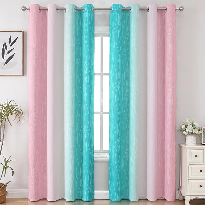 Estelar Textiler Pink and Teal Blackout Curtains 102 Inch Length 2 Panels Set, Thermal Insulated Ombre Grommet Drapes for Bedroom, Full Room Darkening Gradient Curtains for Living Room, 52Wx102L