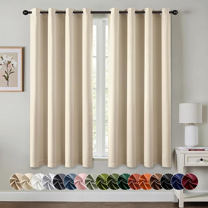 MIULEE Cream Beige Blackout Curtains for Bedroom Living Room 63 Inches Long 2 Panels, Thermal Insulated Room Darkening Drapes Solid Grommet Noise Reduction Light Blocking Window Treatments 50x63 Inch