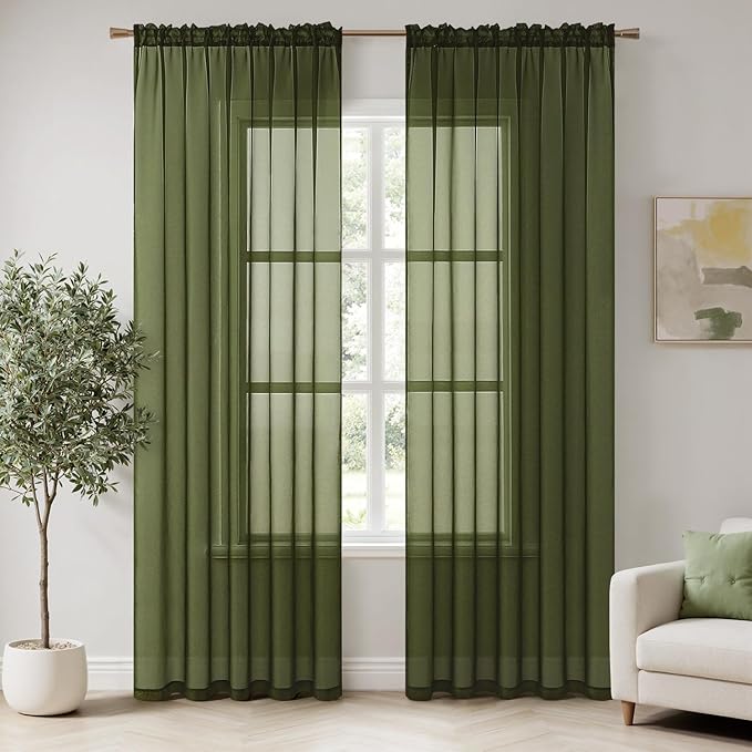 MIULEE 2 Panels Solid Color Sheer Window Curtains Elegant Window Voile Panels/Drapes/Treatment for Bedroom Living Room (54X54 Inches Olive Green)