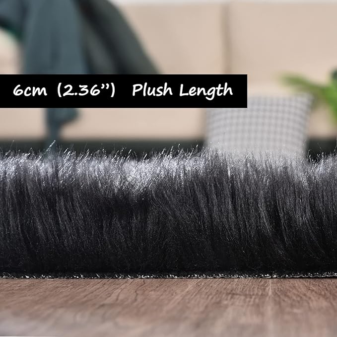 Goolela Black Faux Sheepskin Fur Rug 5x8 for Bedroom and Living Room - Fuzzy Large Fluffy Shag Area Rug Home Decor, Rectangle