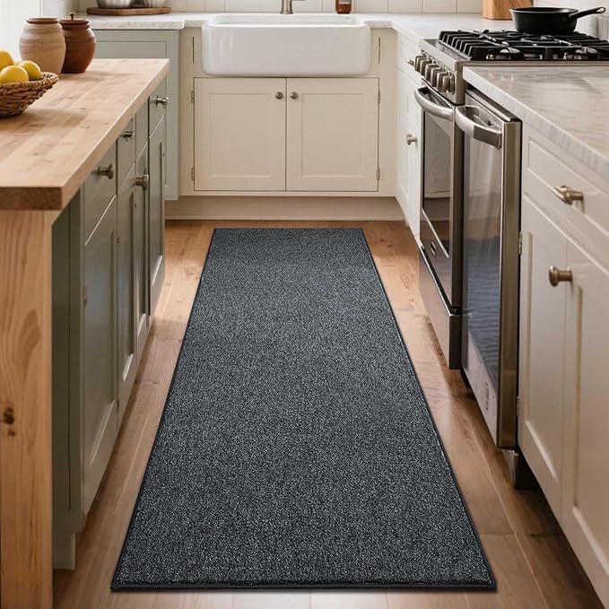 FinRèc 2x6 Washable Runner Rugs for Kitchen Hallway Bedroom, Low Pile Thin Rug Solid Color, Non-Slip Carpet Indoor for Home Decor (Grey)