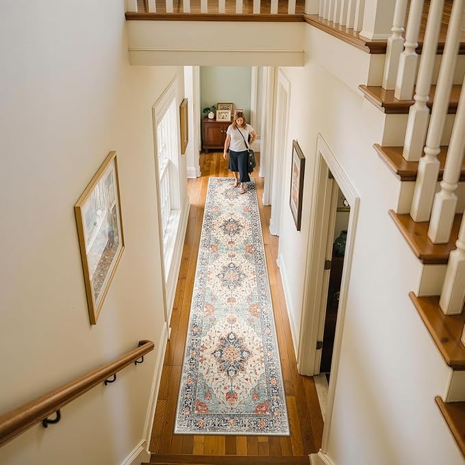 Area Rugs 2'x10' Runner Rug Non Slip Washable for Kitchen Hallway Bedroom Beside Laundry Room Bathroom Rug, Floor Carpet, Beige Navy Blue Orange Colorful