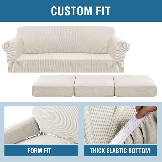 H.VERSAILTEX 4 Piece Stretch Sofa Covers for 3 Cushion Couch Covers for Living Room Furniture Slipcovers (Base Cover Plus 3 Seat Cushion Covers) Upgraded Thicker Jacquard Fabric (XL Sofa, Ivory)