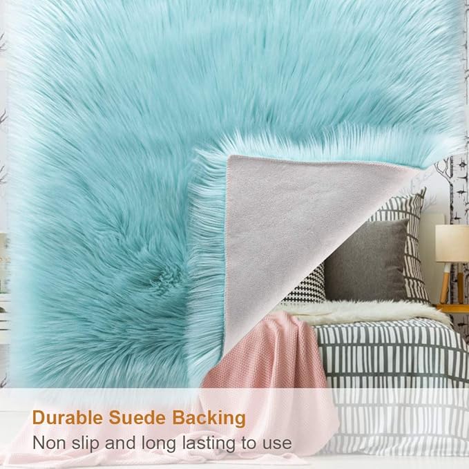 LOCHAS Soft Fluffy Faux Fur Rugs for Bedroom Bedside Rug 2x4 Feet, Washable, Furry Sheepskin Area Rug for Living Room Girls Room, Luxury Shag Carpet Home Decor, Blue