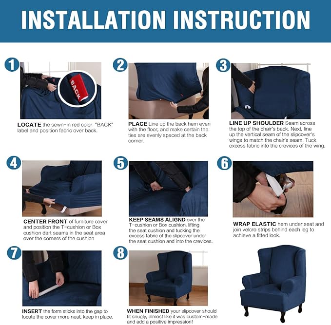 H.VERSAILTEX Wingback Chair Covers Velvet Plush Wing Chair Slipcover 1 Piece High Stretch Wing Back Chair Slipcovers Sofa Cover Furniture Cover with Elastic Bottom, Navy
