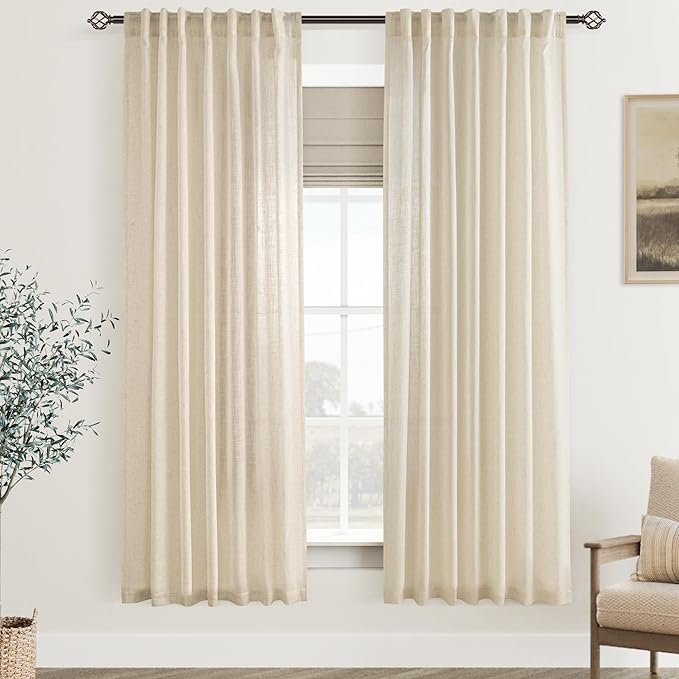 Faux Linen Beige Curtains 72 inches Long for Living Room Rustic Farmhouse Linen Drapes Semi Sheer Burlap Textured Canvas Cloth Curtain Panels Set of 2 Kahki Tan Colored