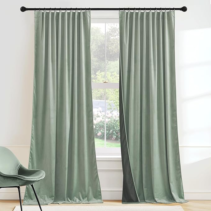 RYB HOME Mint Green Velvet Curtains 96 inches Long, Room Darkening, Floor-Length, Coastal Style Velvet Drapes with Hook Belt for Nursery Living Room Office, 52" W x L96 L, Auqa