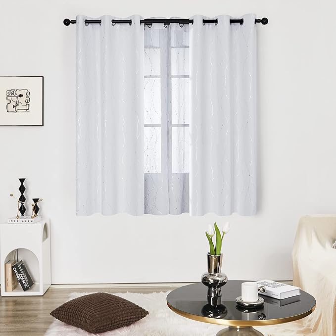 Deconovo Living Room Curtains, Room Darkening Drapes, Thermal Insulated Soundproof Grommet Drape, Silver Wave Dots Print, 42 x 63 Inch, Machine Washable Window Panels for Bedroom Office, Set of 2